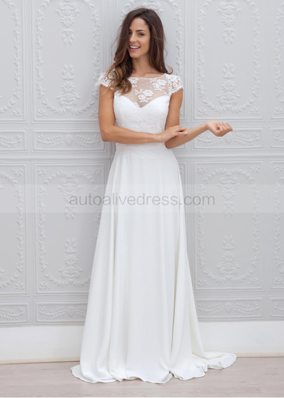 Ivory Lace Chiffon Keyhole Back Beach Wedding Dress